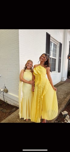 Yellow One-Shoulder Sleeveless Pleated Maxi Dress Polyester Regular L