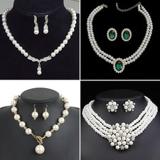 Faux Pearl Necklace and Earring Set Gold-Tone Rhinestone Bridal Jewelry