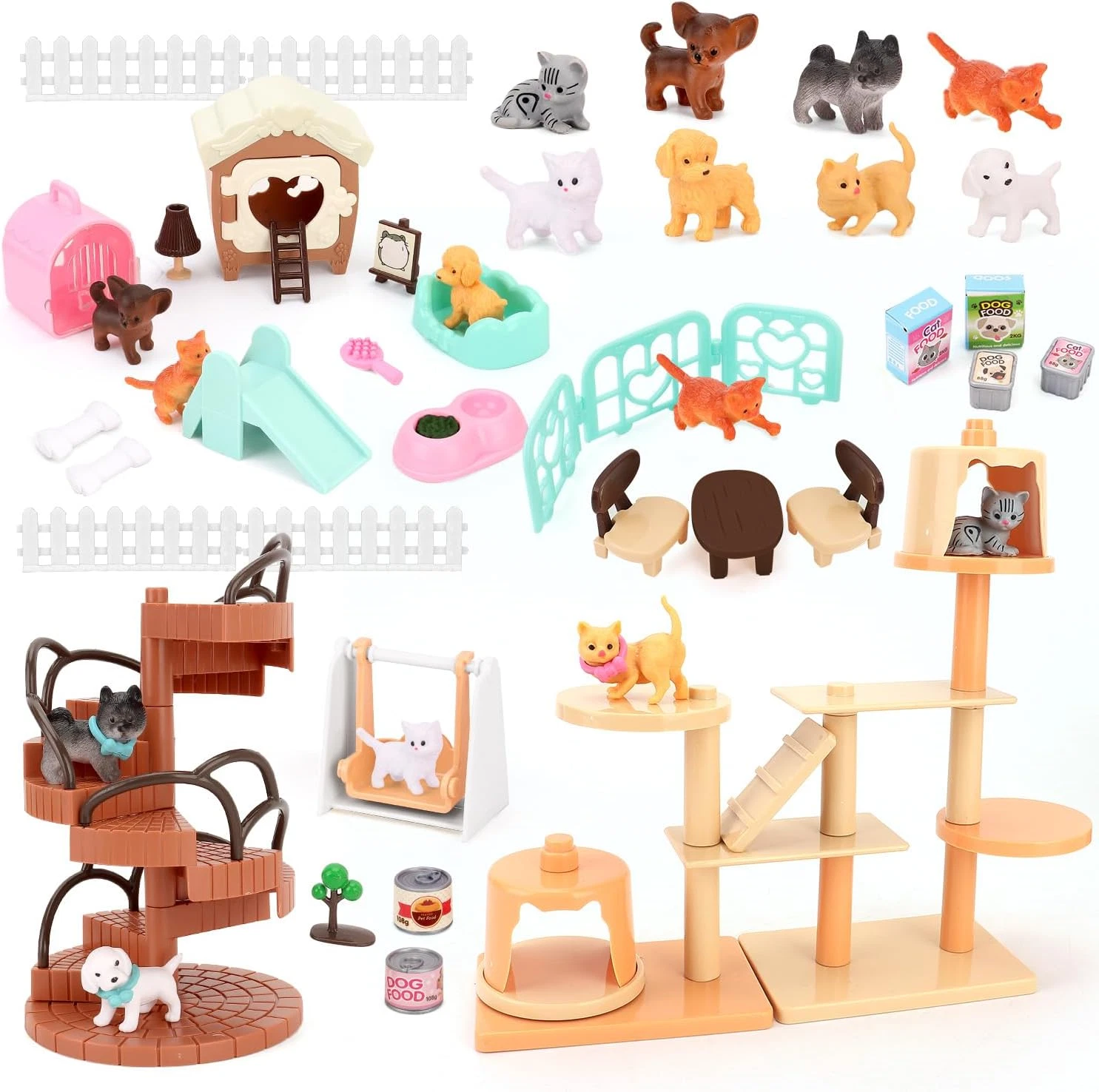 67 PCS Cat and Dog Pet Figurine Playset, Pretend Play Toy for Kids Creative DIY