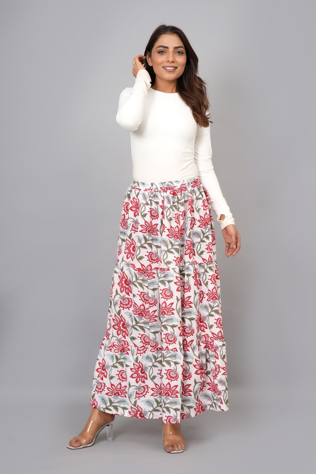 Women Block Printed 100% Cotton Maxi Long Skirt with Elastic Waist- Multi Floral