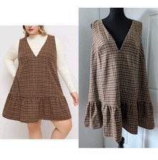 Cider Dress Size XL NWT Brown Tartan Plaid Jumper Ruffled Bottom V-Neck Lined