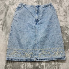 Vintage Gloria Vanderbilt Skirt Womens 8 Blue Denim Embroidered Eyelet A-Line