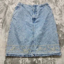 Vintage Gloria Vanderbilt Skirt Womens 8 Blue Denim Embroidered Eyelet A-Line