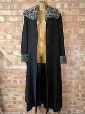 Vintage 80s Black Wool/Cashmere Blend Long Coat Leopard Print Fur Trim Size 12