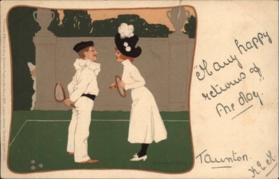 A/s B Wennerberg ART DECO TENNIS Pierrot Columbine Antique Postcard