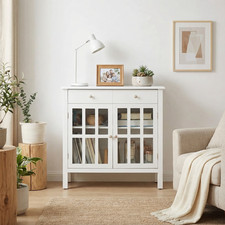 White sideboard Storage Cabinet with glass doors and drawer