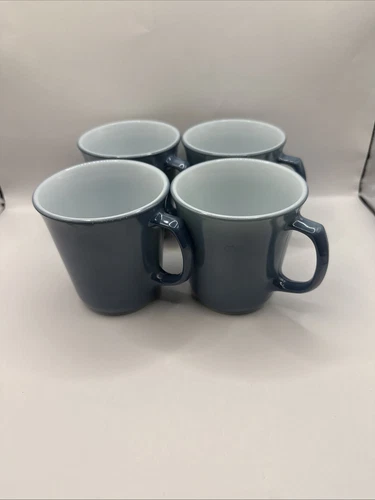 Set Of 4 Vintage Pyrex Slate Blue Coffee Mug Cups Milk Glass 8oz D Handled 1970s