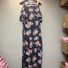 Tickled Teal Maxi Dress Womens Large Grey Peach Excellent Cold Shoulder Floral