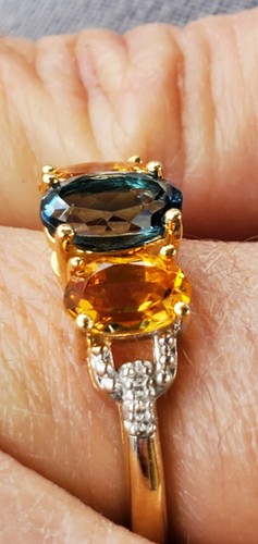 Anillo azul circón, topacio amarillo corte ovalado y diamante oro amarillo liso de 10 quilates - Imagen 10 de 12