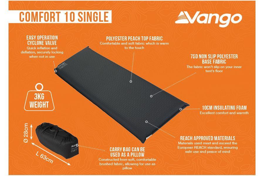 Vango Comfort 10cm Thick Single Self Inflating Mat with Repair kit