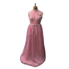 Vintage 1960s Women's Pink Maxi Dress Gingham Daisy Floral Lace Mod Size 34