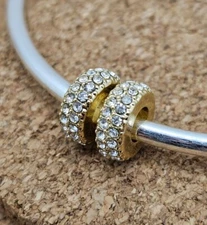 2 Authentic Sparkling Gold Cz Spacer European Charm Beads  