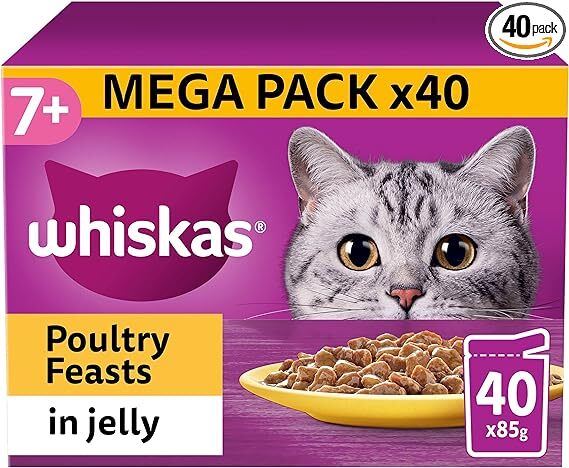 40 x 85g Whiskas 7+ Poultry Feasts Mixed Senior Wet Cat Food Pouches in  Jelly