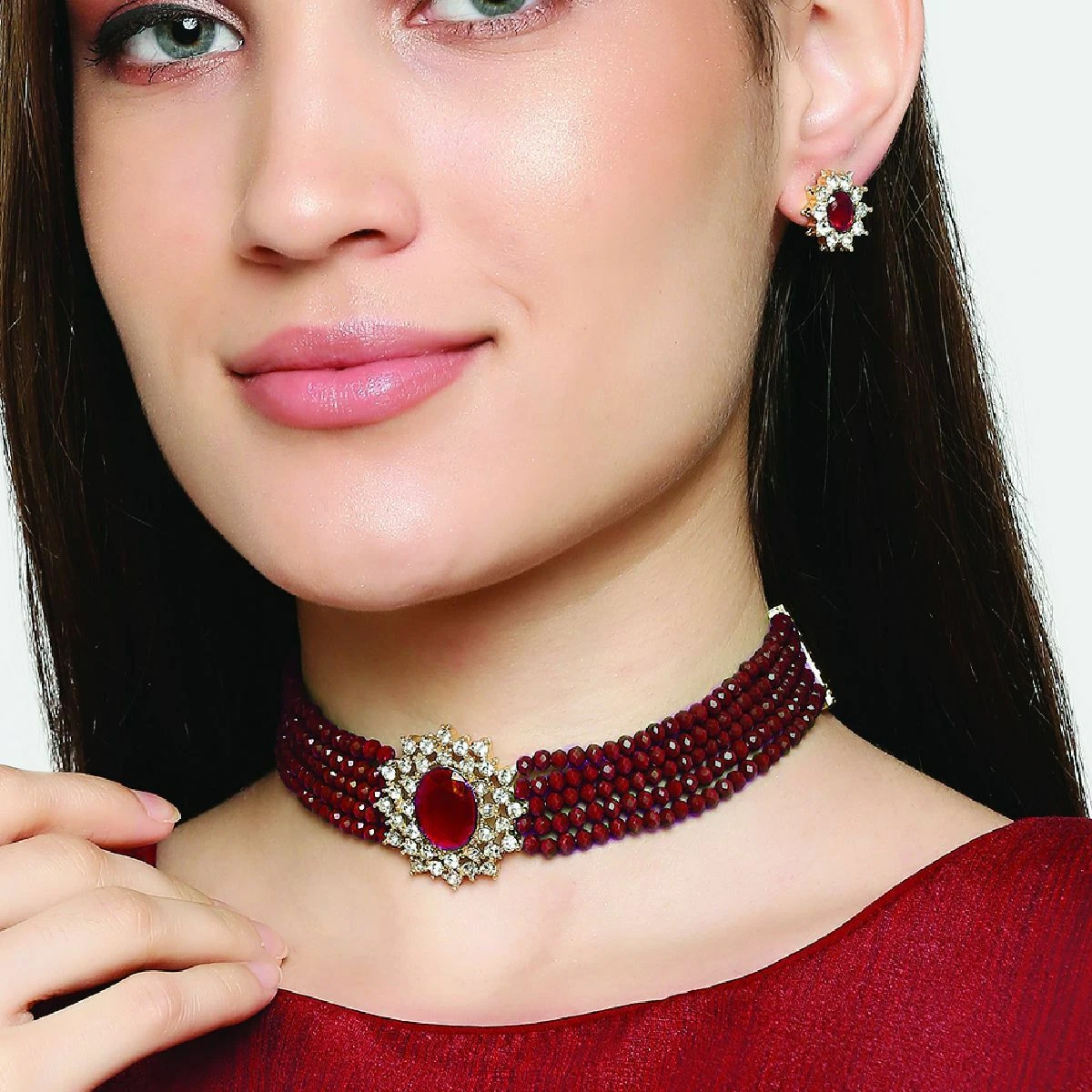 Red Choker Necklace Set with Earrings - Shafalie's Fashions