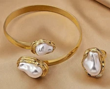 Elegant Geometric Imitation Pearl Gold Tone Bangle & Ring Jewelry Set for Women