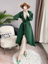 Pleats Please Issey Style Pleated Long Coat With Belt And Shawl Collar