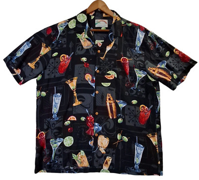 VTG Paradise Found Hawaiian Shirt Mens XL Black Short Sleeve Margarita Cocktails