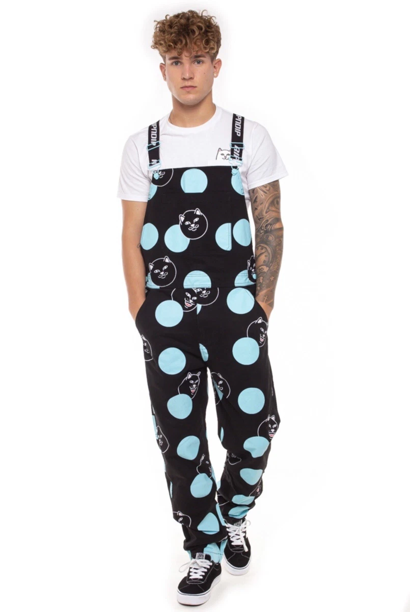 RIPNDIP Overalls Unisex Size 28 Black Denim Vivid Light Blue Dots & JERMAL Cat