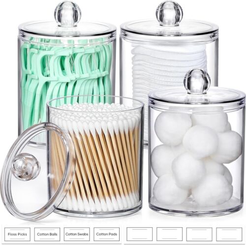 4 Pack Acrylic Qtip Holder Dispenser for Cotton Swabs, Balls, Pads, Floss Picks-