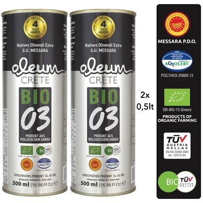Bio Olivenöl 03 Säure Oleum Crete g.U. Extra natives Virgin Griechische  2x 0,5l