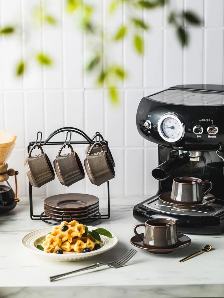 Espresso Cups 4 Oz, Porcelain Coffee Cups Set of 6 Espresso Cup with Saucers - Image 4 of 4