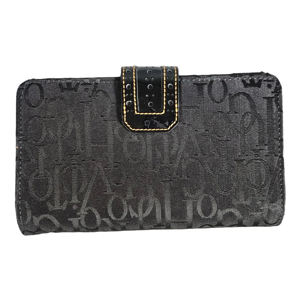 Cartera Victor Hugo One Mujer Negra Monograma Cuero Doble Pliegue Tarjeta de Crédito Logo Foto 2 de 4