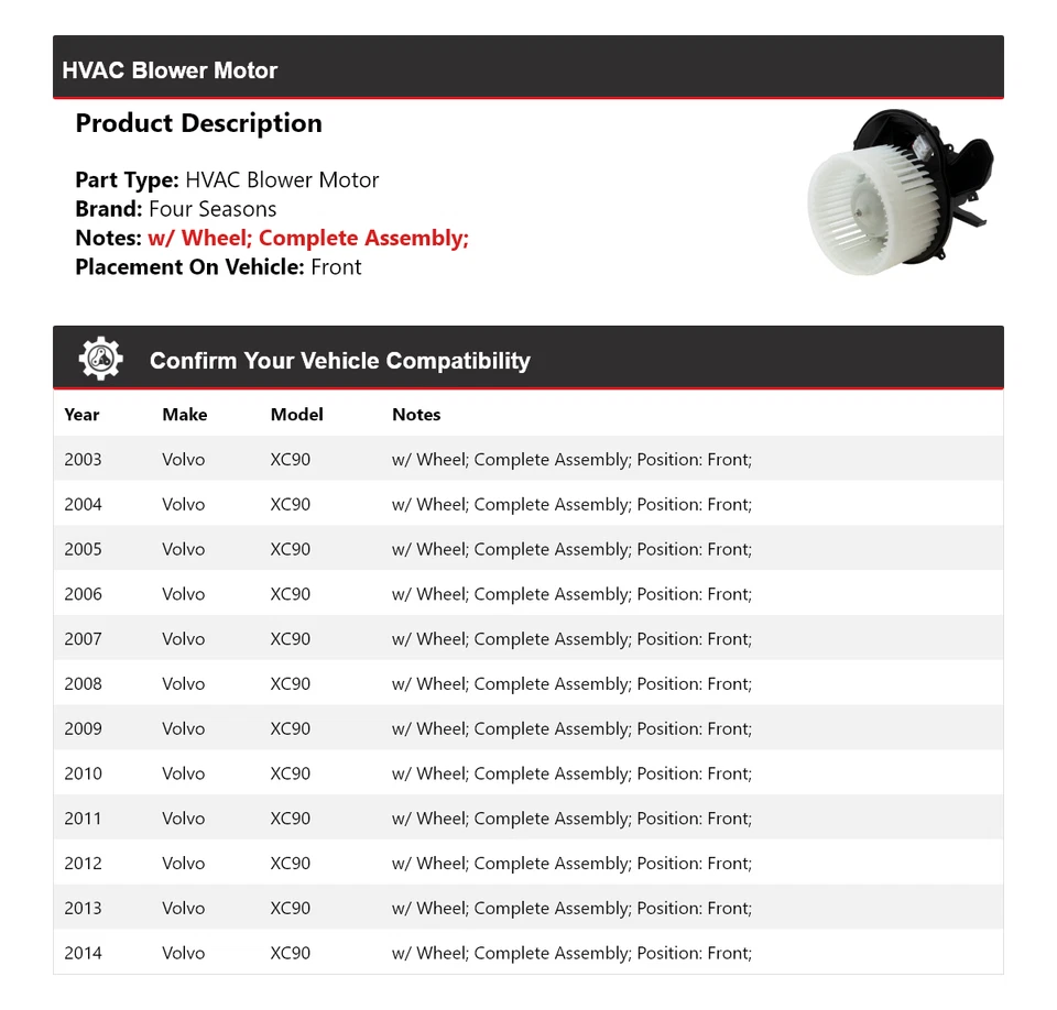 Soplador de climatización delantero para Volvo XC90 2003-2014 4 estaciones 2004 2005 2006 2007 Foto 2 de 3
