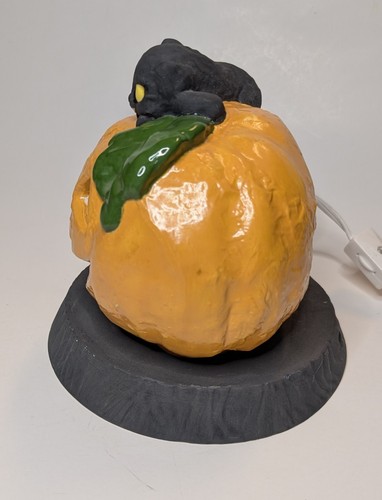 Vintage Halloween Pumpkin Light With Black Cat, Working Lamp, Ceramic - Picture 7 of 9