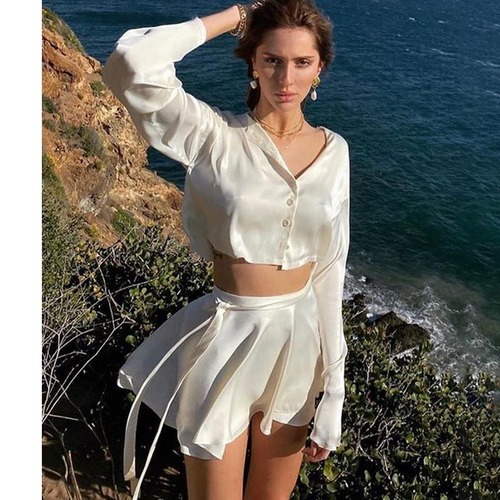 Summer New Women Satin Two Piece Set 