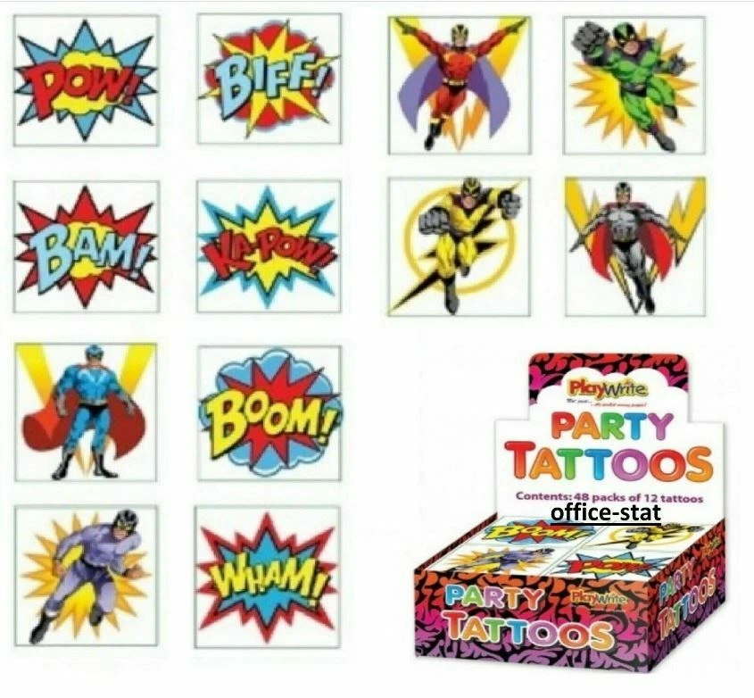 PLAYWRITE 72 Superhero Temporary Tattoos Birthday Party Loot Bag Toy Fillers Boys Kids