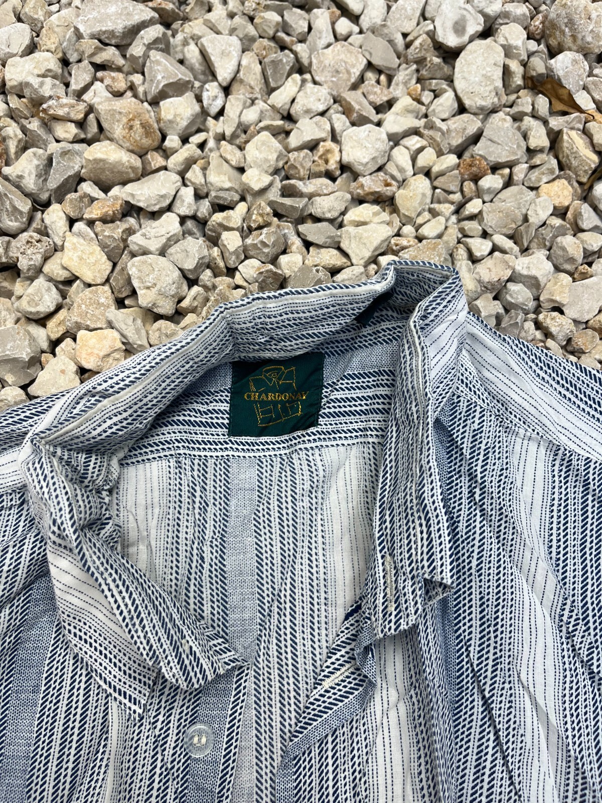 Chardonay Mens L Button Up Shirt Blue Gray Stripe Short Sleeve Polyester Cotton image 2