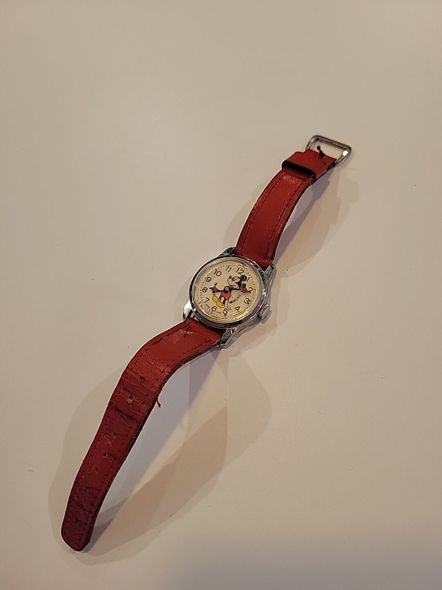Vintage Disney 1970's Bradley Swiss Made Mickey Mouse Red Leather