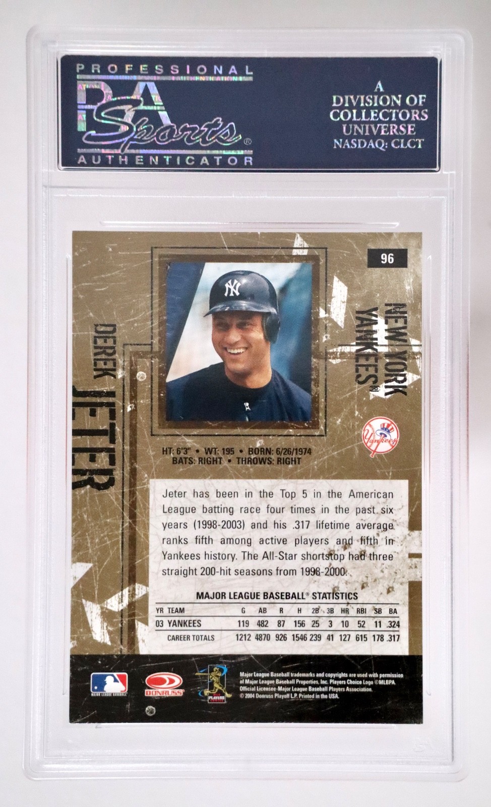 2004 Donruss Leather & Lumber Derek Jeter Gold PSA 10 Gem Mint Yankees #96 RA1 view 2