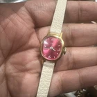 Vintage Women's Timex Wristwatch Pink Face White Band Manual Wind For Repair