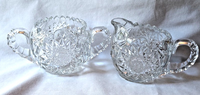 American Brilliant Cut Hob Star Crystal Creamer ~ Sugar Bowl Set Excellent
