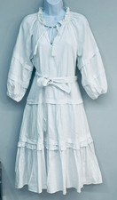 $495 ELIE TAHARI Midi Dress Tassel Ruffle Balloon Sleeve Tiered Sky White XS