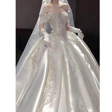 Off The Shoulder Satin Wedding Dresses Lace White With Applique Sweep Train