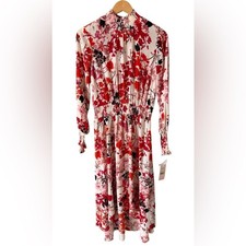 Nanette Lepore Floral Midi Dress Smocked High Neck Long Sleeve NWT Size 8