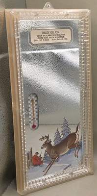 Vtg 60s ADVERTISING MIRROR THERMOMETER Riley Oil Co Eagleville, MO Deer & Hunter