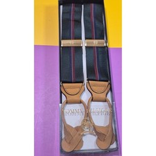 Tommy Hilfiger Mens Suspenders Striped Navy Green Red Leather Button End Braces