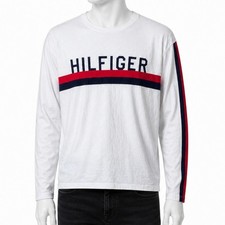 Tommy Hilfiger Mens XL White Long Sleeve Shirt Spellout Logo Stripe Sleeves