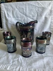 VTG Diamond Dougan Stork and Rushes Cobalt Blue Carnival Glass 6 Pc Water Set