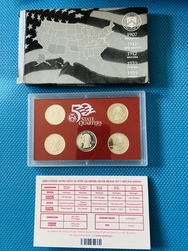 2008 ~ S U.S. Mint 50 State Quarters SILVER PROOF 5 coin set With Box and COA - 第 2/4 張圖片