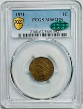 1871 P Small Cents Indian Head Penny PCGS MS-62 BN Brown CAC