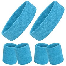 6 Pieces Sweatbands Set - Sports Headbands Wristbands for Men  Neon Blue