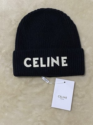Celine Knit Beanie Wool Angora Black Logo
