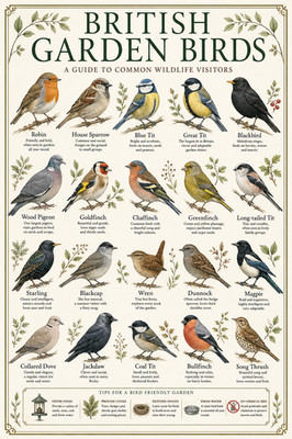 Britische Gartenvögel Identifikationstabelle Poster Druck gerahmte Leinwand Wandbild