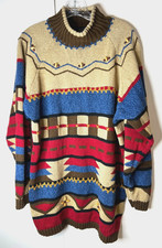 Lizsport Women's Large Pullover Sweater Multicolor Geometric Wood Beads Vintage