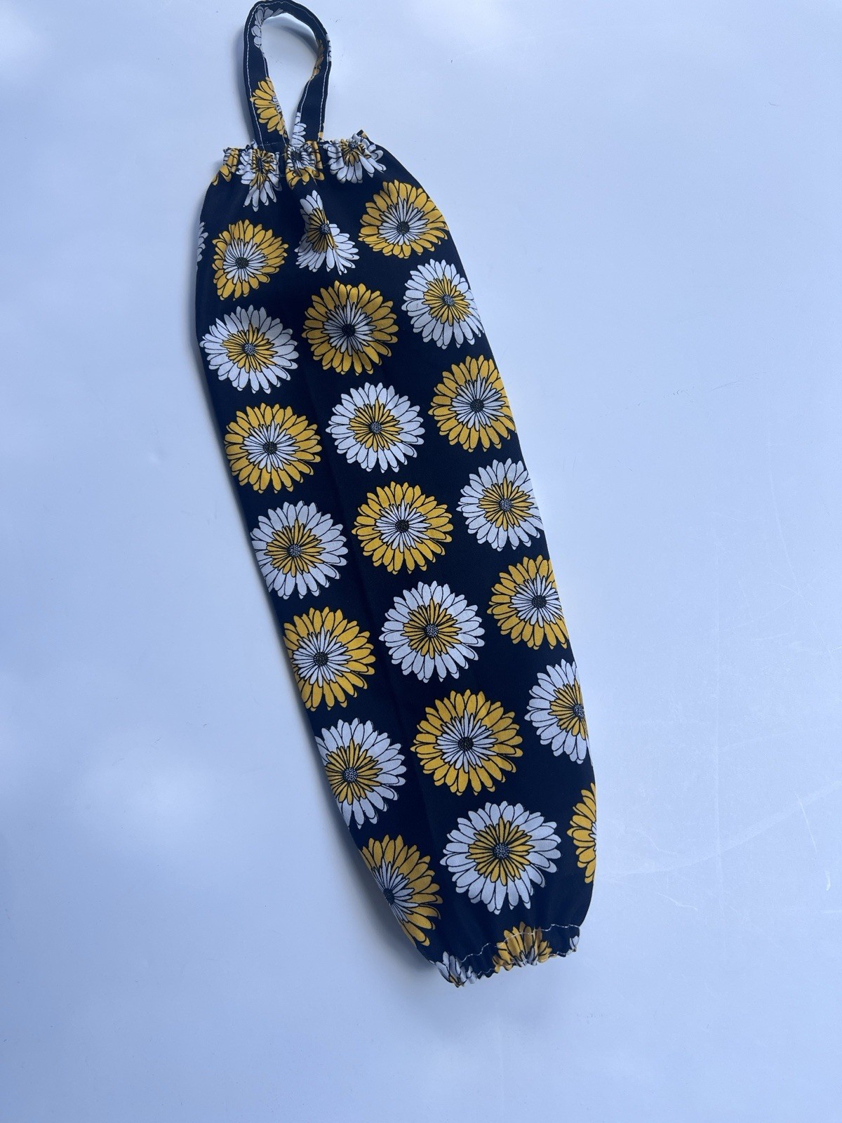Plastic Grocery Bag Holder/Dispenser/Storage Yellow/White Floral On Black Fabric