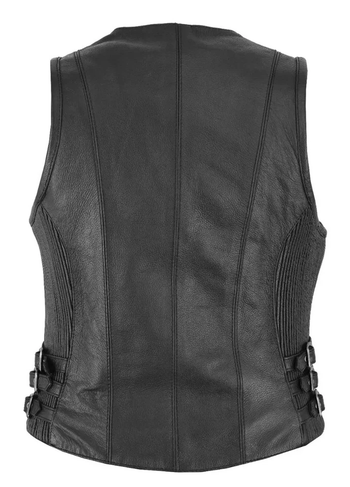 Mujeres Chaleco de Cuero Real Cuello Abierto Damas Motocicleta Chaleco De Colección Sin Mangas Mano Foto 3 de 4